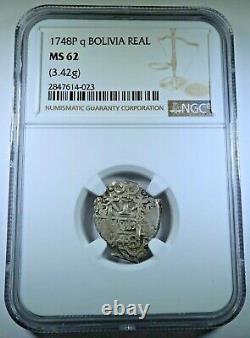 NGC MS62 1748 Bolivia Silver 1 Reales Antique BU 1700s Spanish Colonial Cob Coin