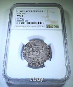 NGC VF35 1578-95 Bolivia Silver 2 Reales Spanish Colonial 1500's Pirate Cob Coin