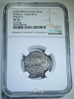 NGC VF35 Philip II 1500's Spanish Silver 1 Reales Antique Colonial Cob Coin