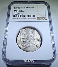 NGC VF Chopmarks 1636-65 Mexico Silver 4 Reales Spanish Colonial 1600's Cob Coin