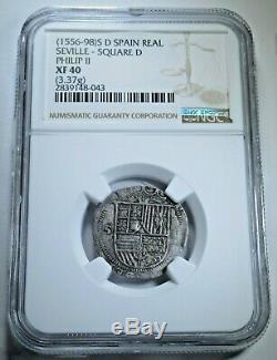 NGC XF40 Philip II 1500's Spanish Silver 1 Reales Antique Colonial Cob Coin