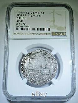 NGC XF40 Philip II 1500's Spanish Silver 4 Reales Real Antique Colonial Cob Coin