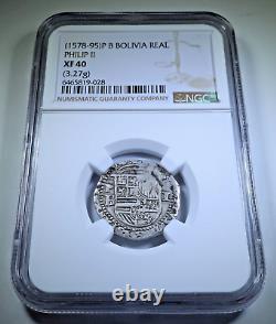 NGC XF 1500's Philip II Spanish Bolivia Silver 1 Reales Colonial Pirate Cob Coin