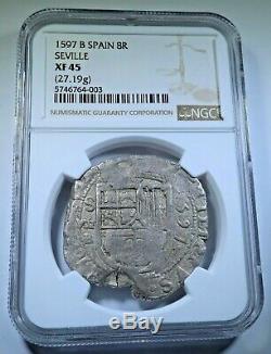 NGC XF-45 1597 Philip II Spanish Silver 8 Reales Antique 1500s Colonial Cob Coin