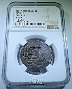 NGC XF-45 Philip III 4R 1600's Spanish 4 Reales Antique Silver Pirate Cob Coin