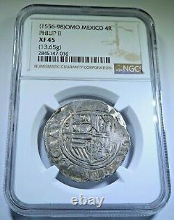 NGC XF-45 Philip II 1500s Mexico Silver 4 Reales Antique Spanish Pirate Cob Coin