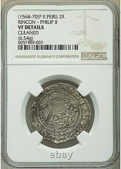 Nd (1568-1570) Pr Peru Felipe II Silver Cob 2 Reales Ngc Vf-details (cleaned)