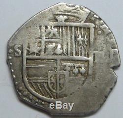 Philip II 2 Real Cob Sevilla Assayer P Spanish Colonial Pirate Silver Coin
