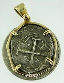 Pirate Coin Treasure Silver Piece Antique 1 Reale Cob 14K Gold PendantAuthentic