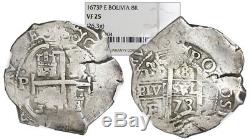 Potosi, Bolivia, Silver Cob 8 Reales, 1673E, NGC VF 25, #7003 Spanish Colonial