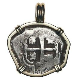 Potosi Bolivia, cob 2 reales 1754 C+q mounted cross-side out in 14K gold Pendant