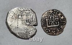 SPANISH RARE LOT OF 2 ANTIQUE COLONIAL SILVER AND BILLON COINS TO CATALOG cob