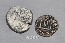 SPANISH RARE LOT OF 2 ANTIQUE COLONIAL SILVER AND BILLON COINS TO CATALOG cob