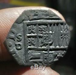 Spain Colonial 2 Reales Cob Sd River Found Black Not Cleaned Xf