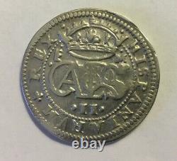 Spanish Colonial Silver 2 Reale/Cob Carlos II 1682 Rare Antique Pirate Era Coin